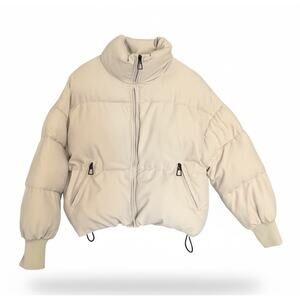 Womens Cropped Puffer Jacket Coat Sz XS Beige Oversized Warm Winter Outerwear